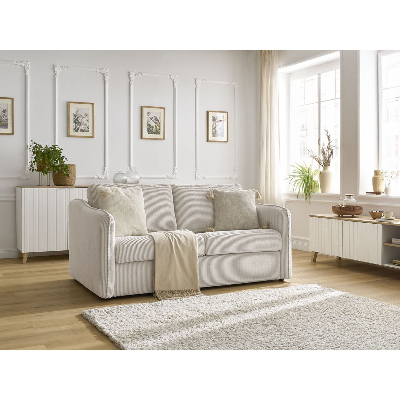 Bobochic Canapé droit convertible express en Velours côtelé 3 places Lenny beige - 178x102x89 cm