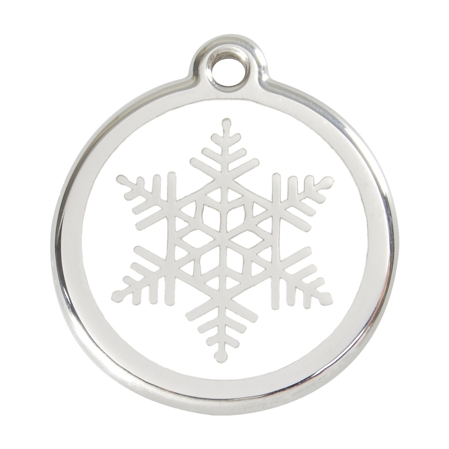 Placa de identificação para cães em aço inoxidável esmaltado com floco de neve branco