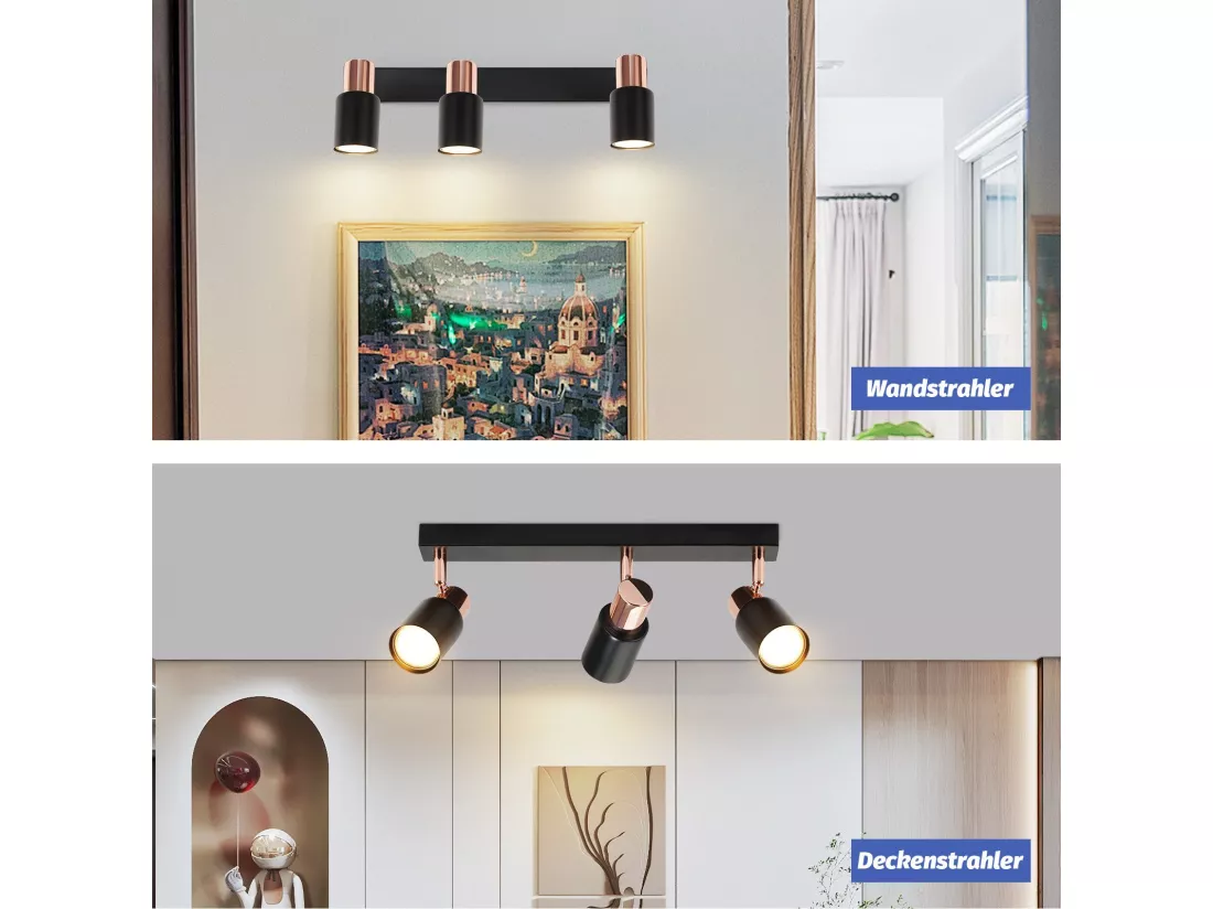 NETTLIFE Spot de plafond 3 flammes GU10 pivotante 355°noir Moderne