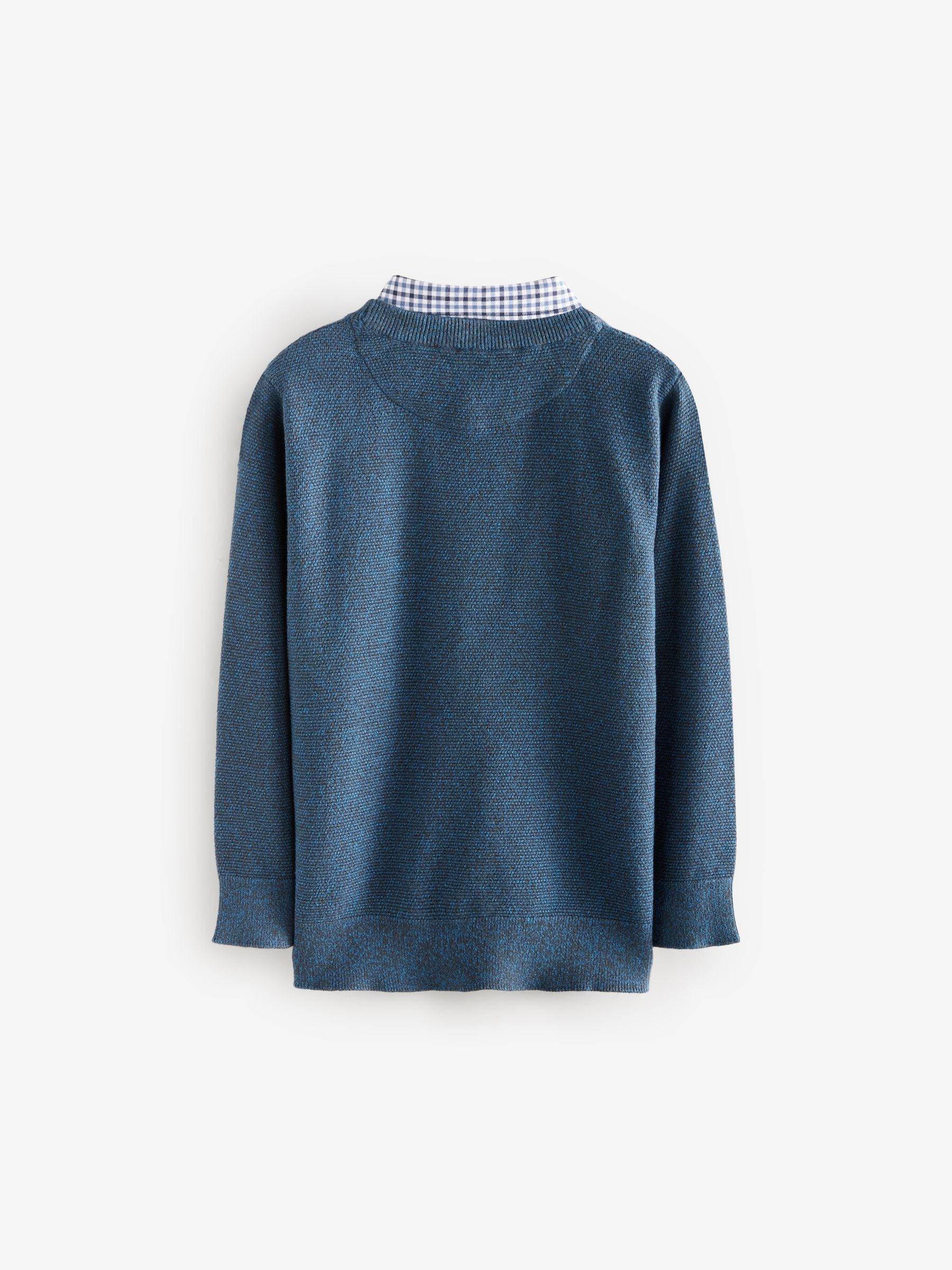 Marineblauw - Geruit overhemd en Trui met Ronde hals van 100% Katoen (3-16jr)