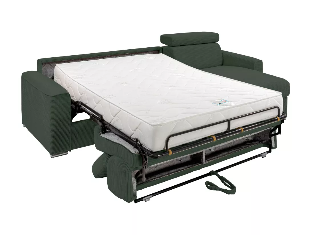 Canapé d'angle réversible convertible express en velours côtelé vert - Couchage à lattes larges 140 cm - Matelas 22 cm mémoire de forme - VIZIR