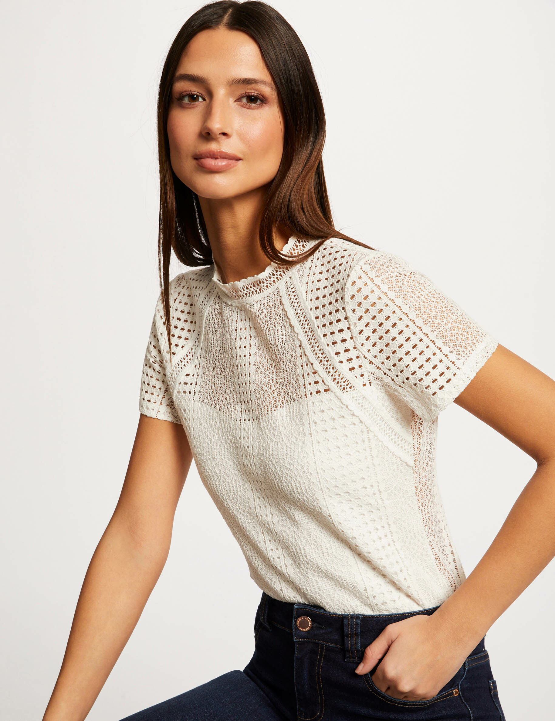 T-shirt manches courtes à dentelle ecru femme - ecru