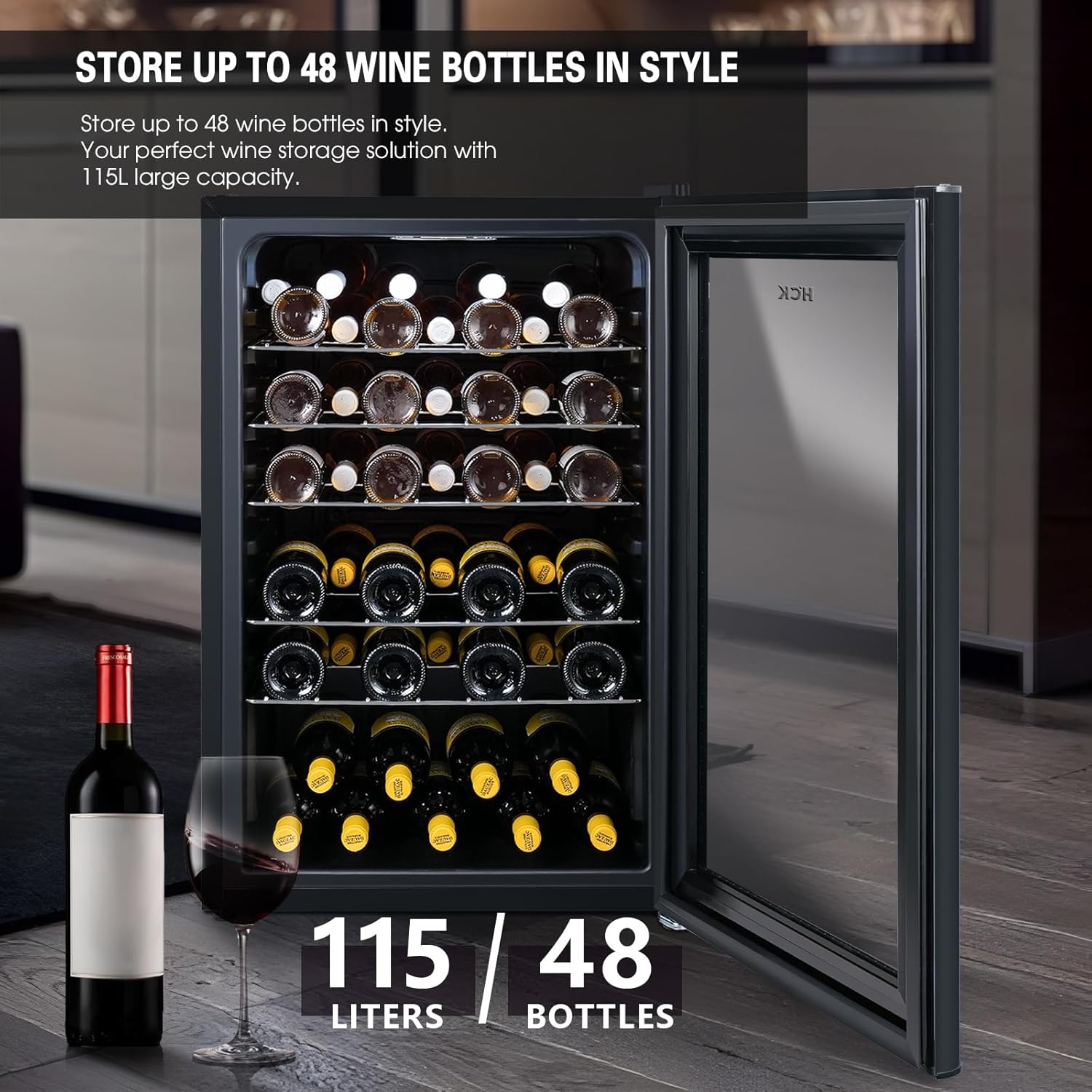 HCK 115 Liter Weinkühlschrank für 48 Flaschen, 4-22°C Weinkühlschränke Flaschenkühlschrank, Getränkekühlschrank mit Glastür, Geräuscharmer Weinschrank, Frostfreie Glastür, Vollglas-Touchpanel, Schwarz