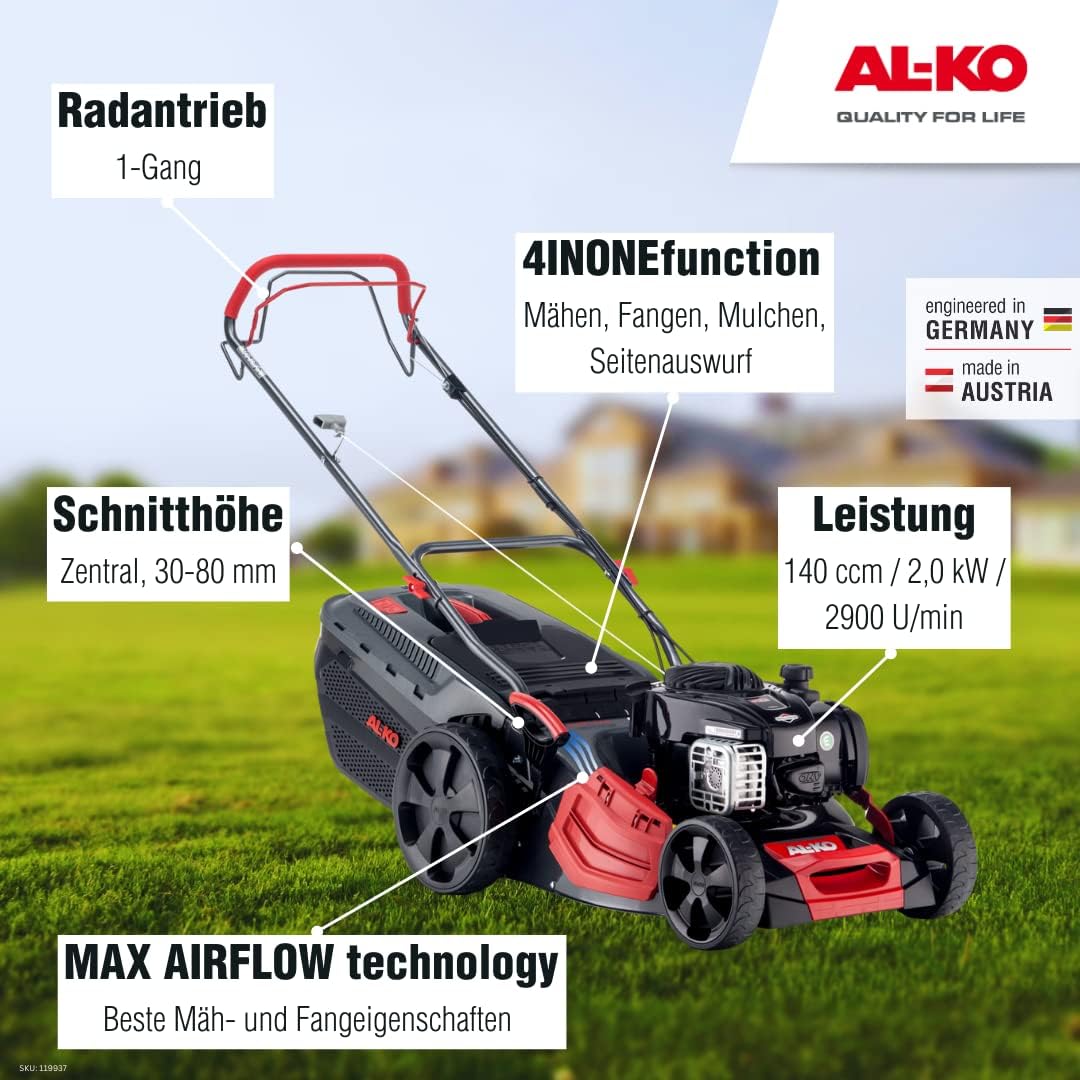 AL-KO Benzin-Rasenmäher Comfort 46.0 SP-B (46 cm Schnittbreite, 2.0 kW Motorleistung, Robustes Stahlblechgehäuse, mit Radantrieb, für Rasenflächen bis 1400 m²)