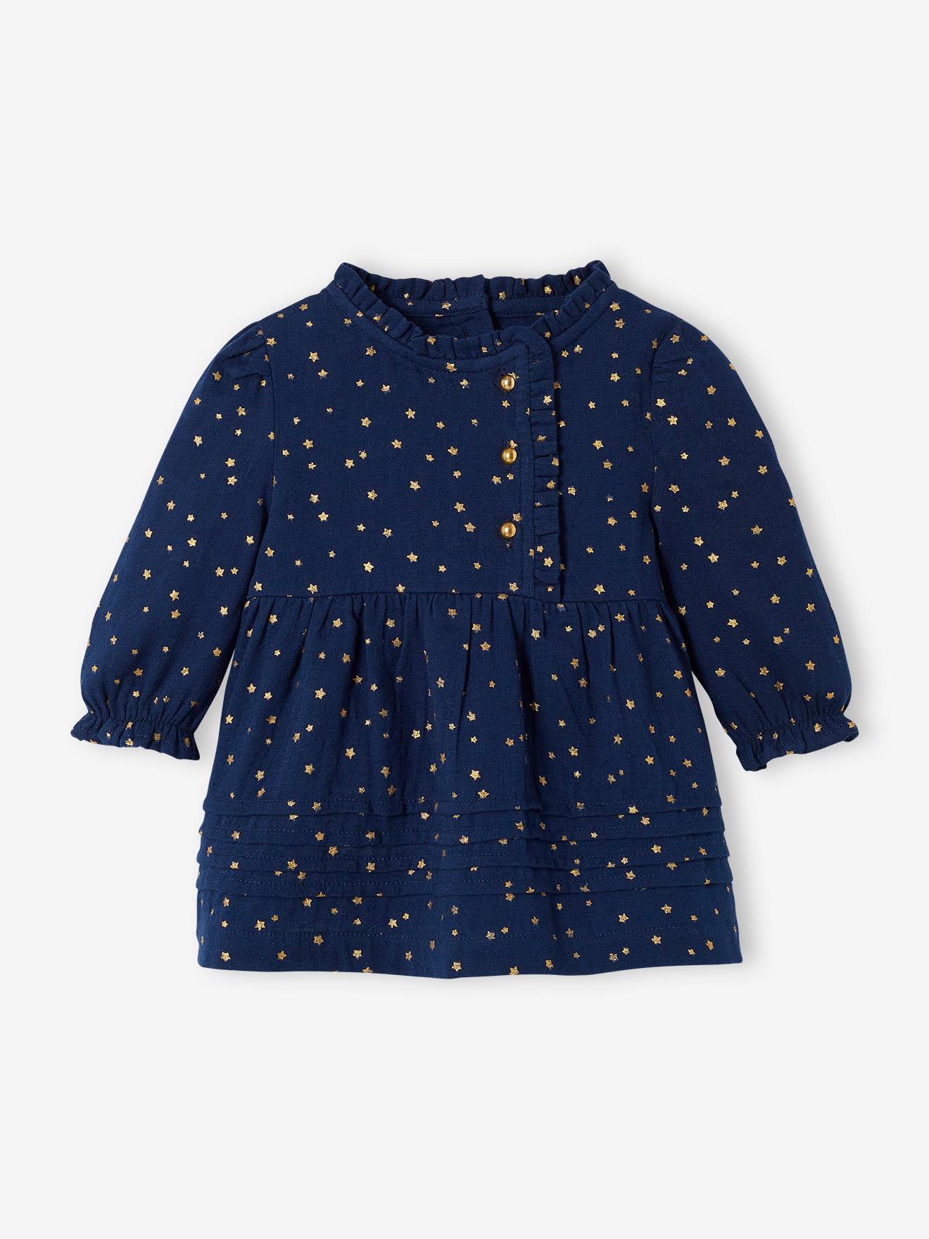 Vestido de chiffon de algodão com abertura assimétrica, azul marinho bebê