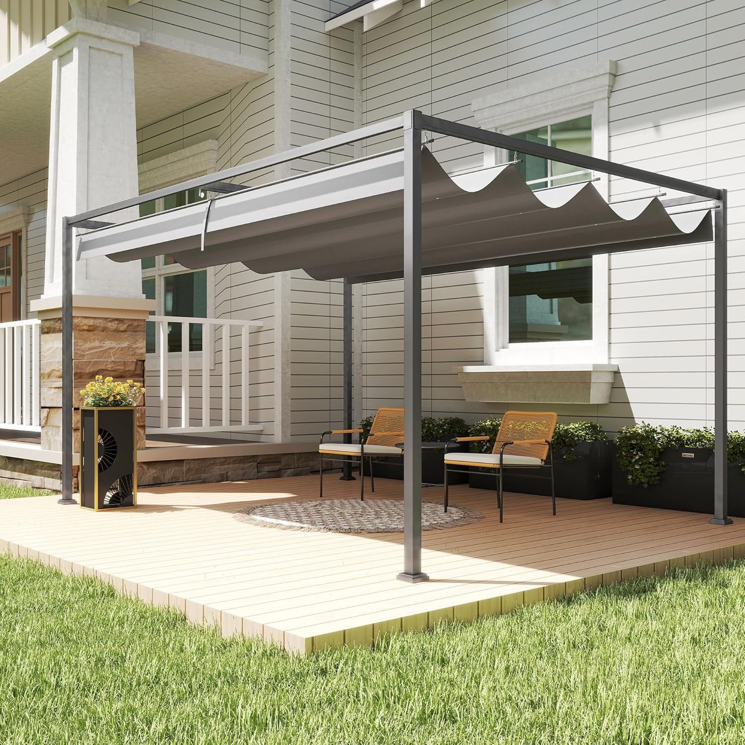 Outsunny Pergola 4x3m Garten Pavillon, Terrassendachung aus Stahl, Gartenpavillon mit verstellbares Dach, Freistehend, Sonnenschutz für Terrasse und Garten, Dunkelgrau