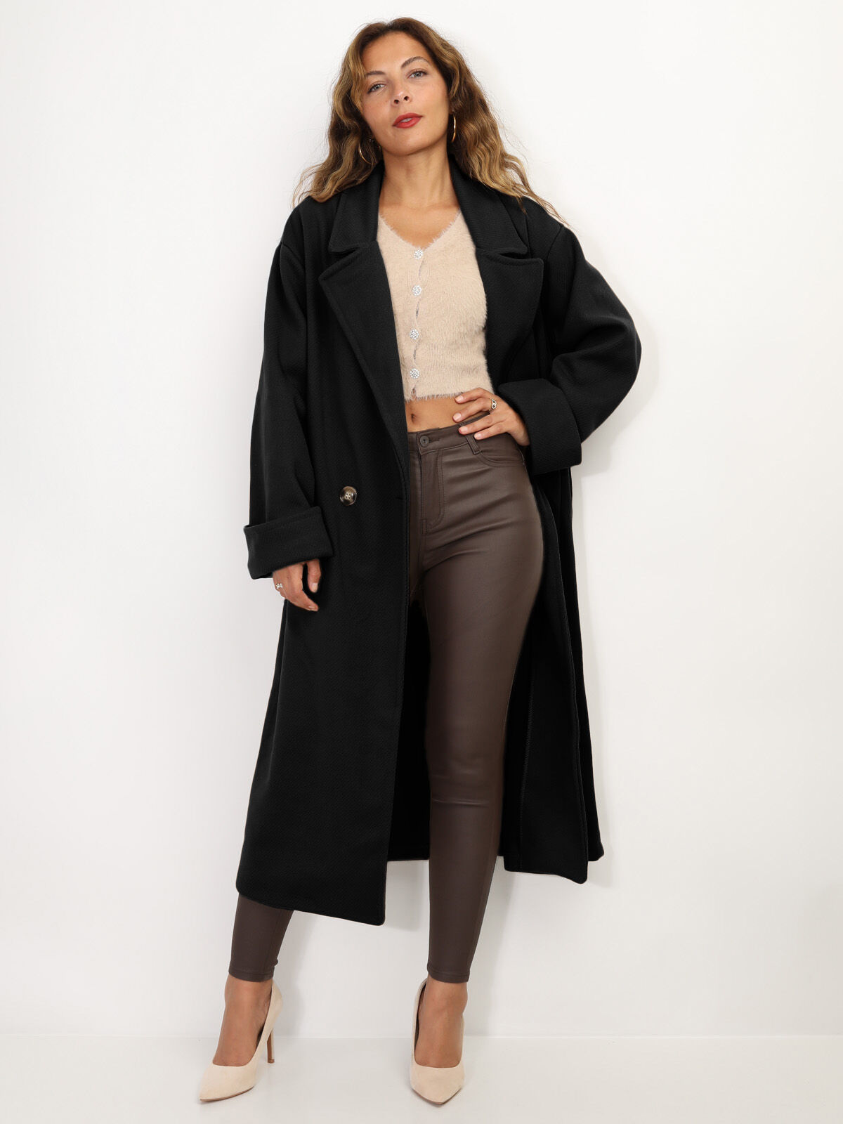 Manteau oversize en maille texturée- Noir