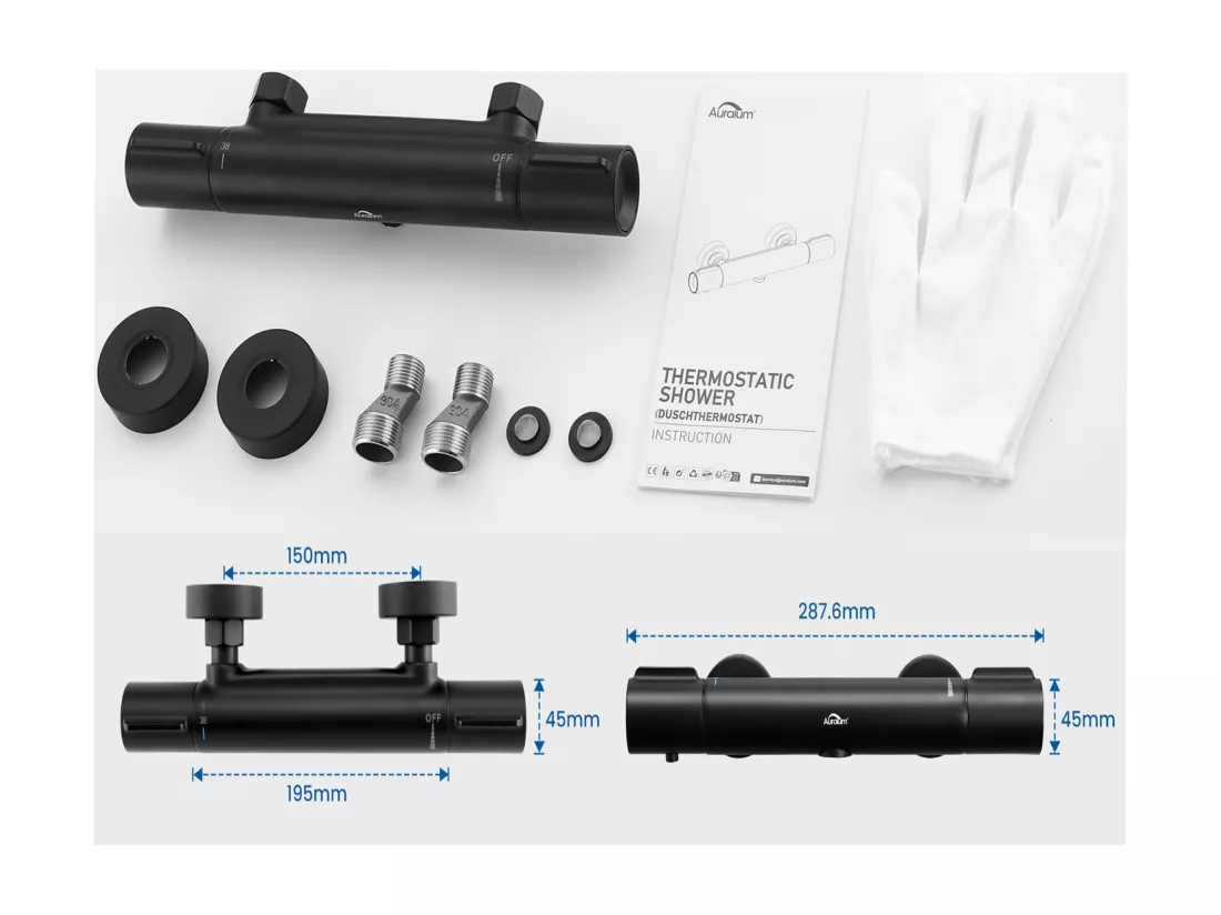 Colonne Douche Sans Mitigeur,Hauteur Réglable 690-1130cm+Mitigeur Thermostatique Douche,Thermostatique Douche avec Bouton Sécurisé à 38°C,Noir