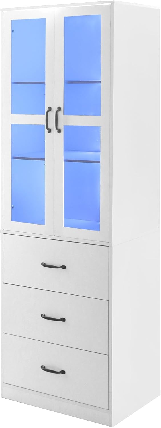 Merax Vitrine mit LED-Lichtern, Modern Standvitrine mit 2 Glastüren und 3 Schubladen, Glasvitrine Highboard mit viel Stauraum, Aufbewahrungsschrank Bücherschrank für Wohnzimmer Büro Esszimmer, Weiß