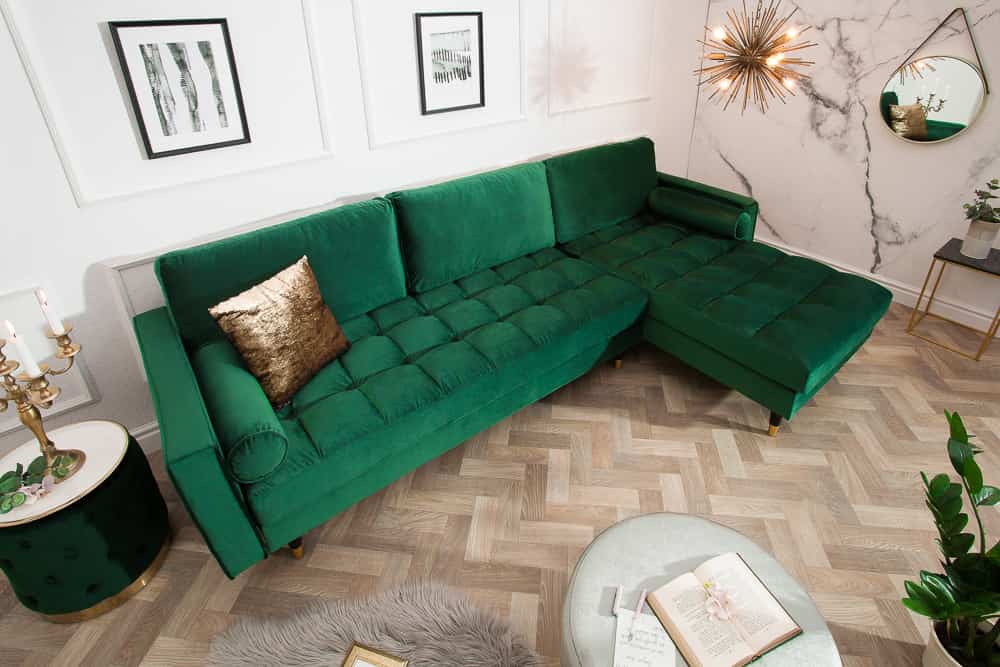 Elegantes Ecksofa COZY VELVET 260cm smaragdgrün Samt Federkern 3-Sitzer