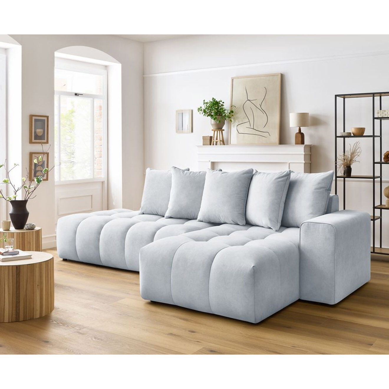 Bobochic Canapé d'angle fixe mont-blanc velours angle droit gris clair - 313x176x97 cm