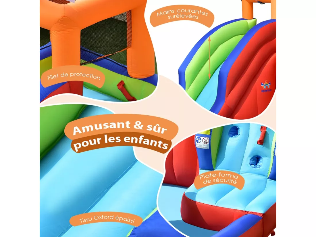 Château Gonflable Bateau Pirate 6 en 1, avec Toboggan, Mur d'escalade, Pataugeoire, Jeu de Fléchettes, Lancer d'Anneaux et Pistolets à Eau (avec Souffleur)