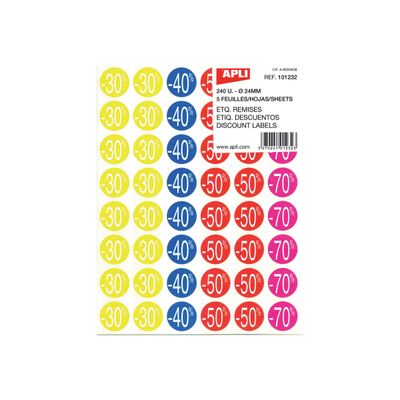 Apli Agipa - 240 Pastilles adhésives - étiquettes remise - couleurs assorties