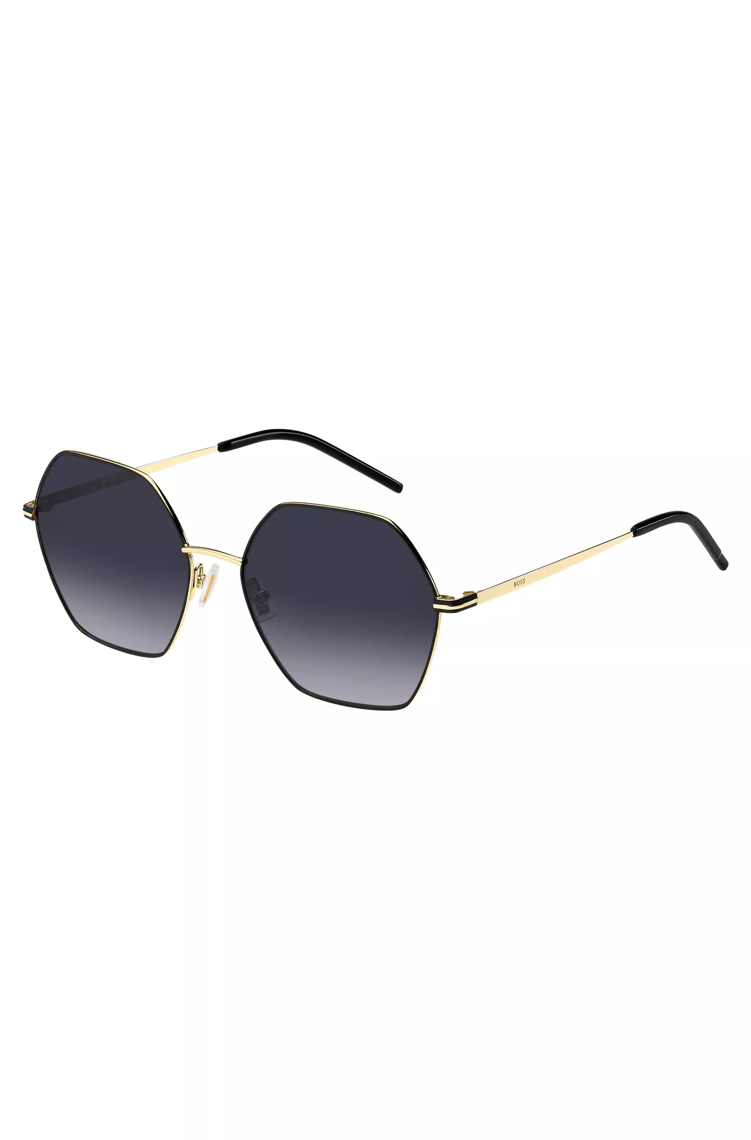 Óculos de sol BOSS Black-Angular em aço preto e dourado.