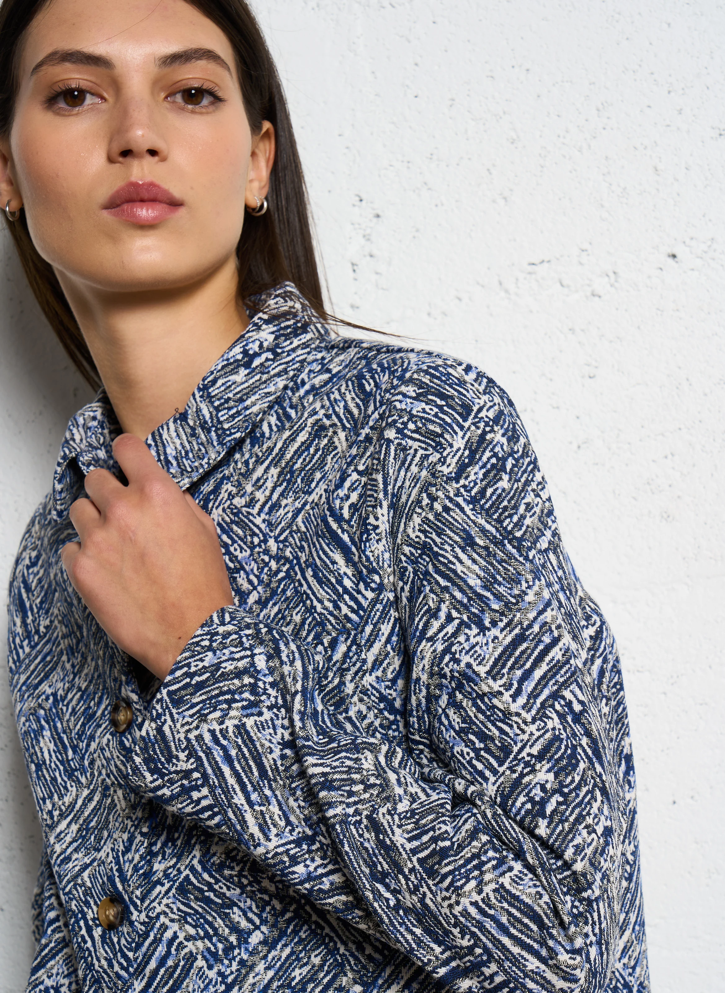 FAULINE - Veste col classique droite en jacquard imprimé | Bleu