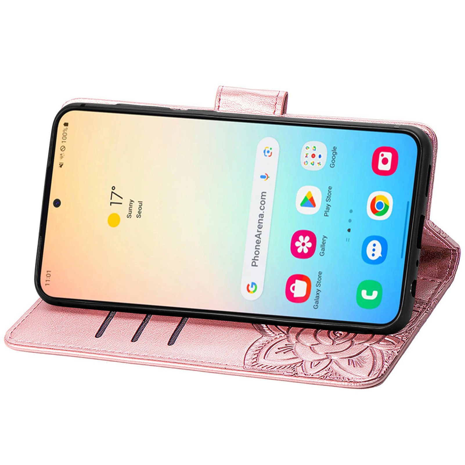 Samsung Galaxy S25 Leder Tasche Flip Cover Schmetterlinge Imprint - Roségold