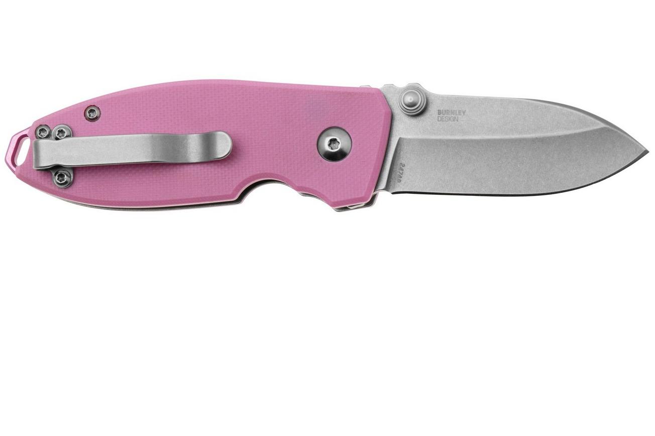 CRKT Squid Button Lock 2474P Stonewashed 14C28N, Rose Quartz G10, zakmes, Lucas Burnley design