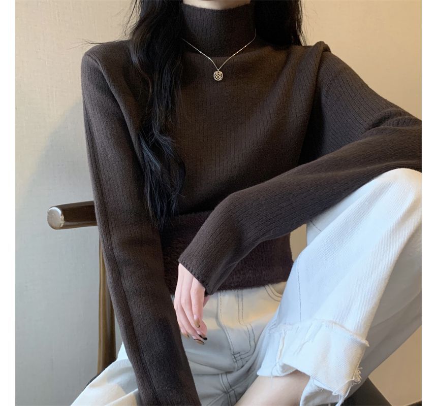 PINPI - Lange mouwen, geribbelde top met effen fleecevoering en mockneck
