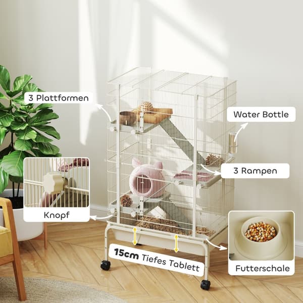 Smådyrbur, gnagerbur, ilderbur med 3 ramper, musebur med uttrekkbart brett, matskål, vannflaske, bur med tilbehør til chinchilla, ekorn, dverghamster