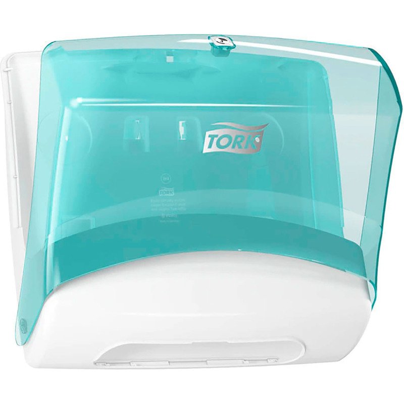 Distributeur Tork pour papiers/Chiffons Pliés Top-Pak blanc et turquoise W4, fixation murale, gamme Performance