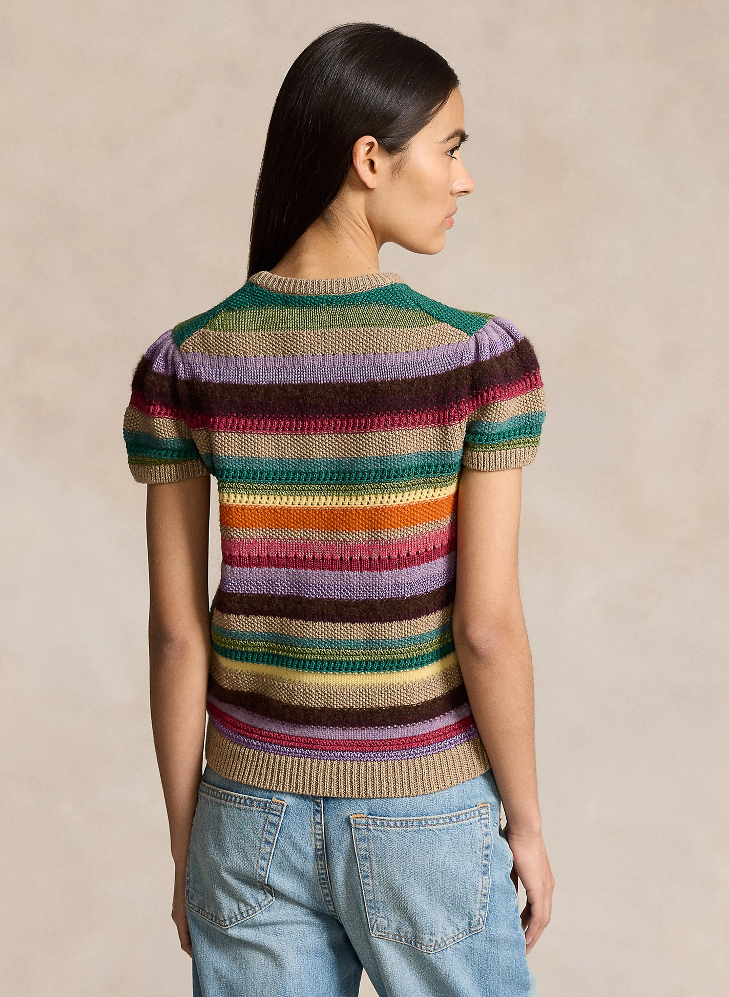 Pull manches courtes rayé en laine et coton | Multicolore