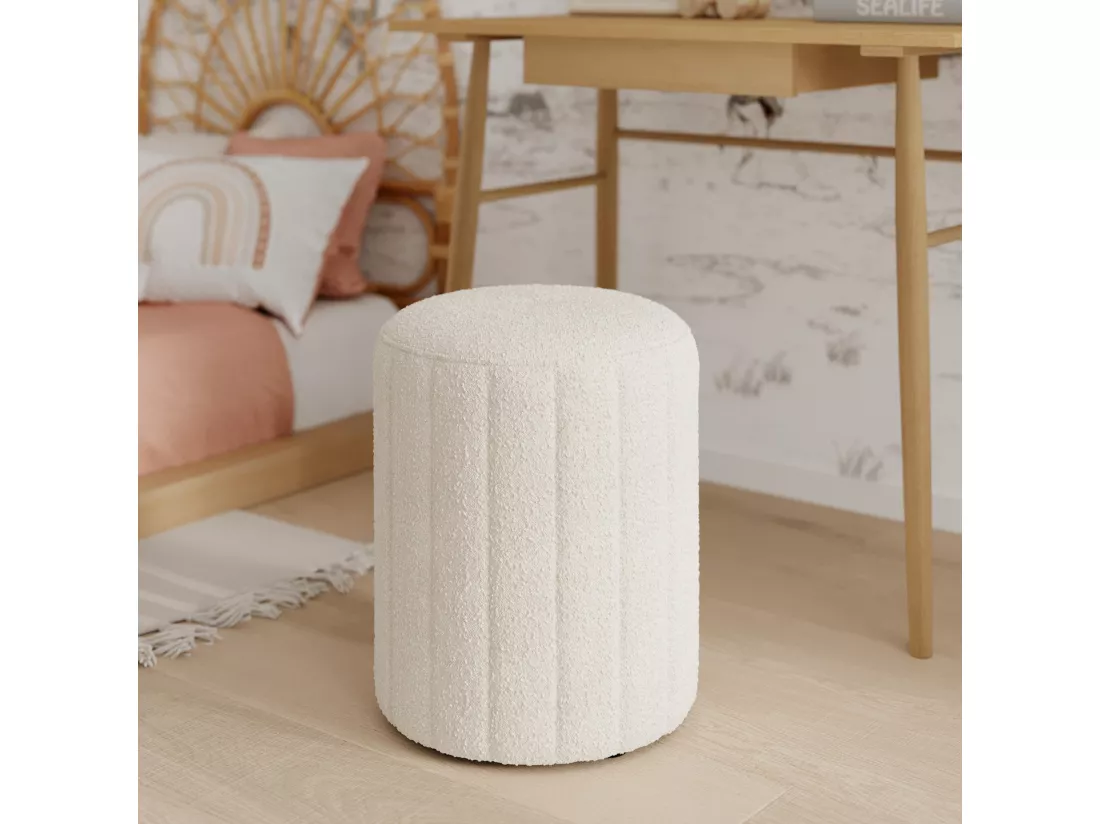 Pouf rond en tissu blanc bouclé - Eva