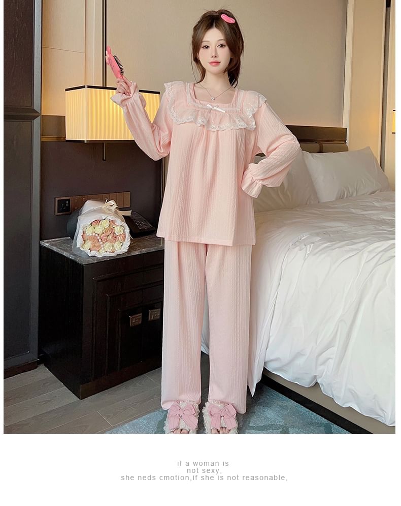 Siensien - Pyjamaset: lange mouwen, vierkante hals, strik, ruches, gewatteerde top + elastische taille, effen rechte broek
