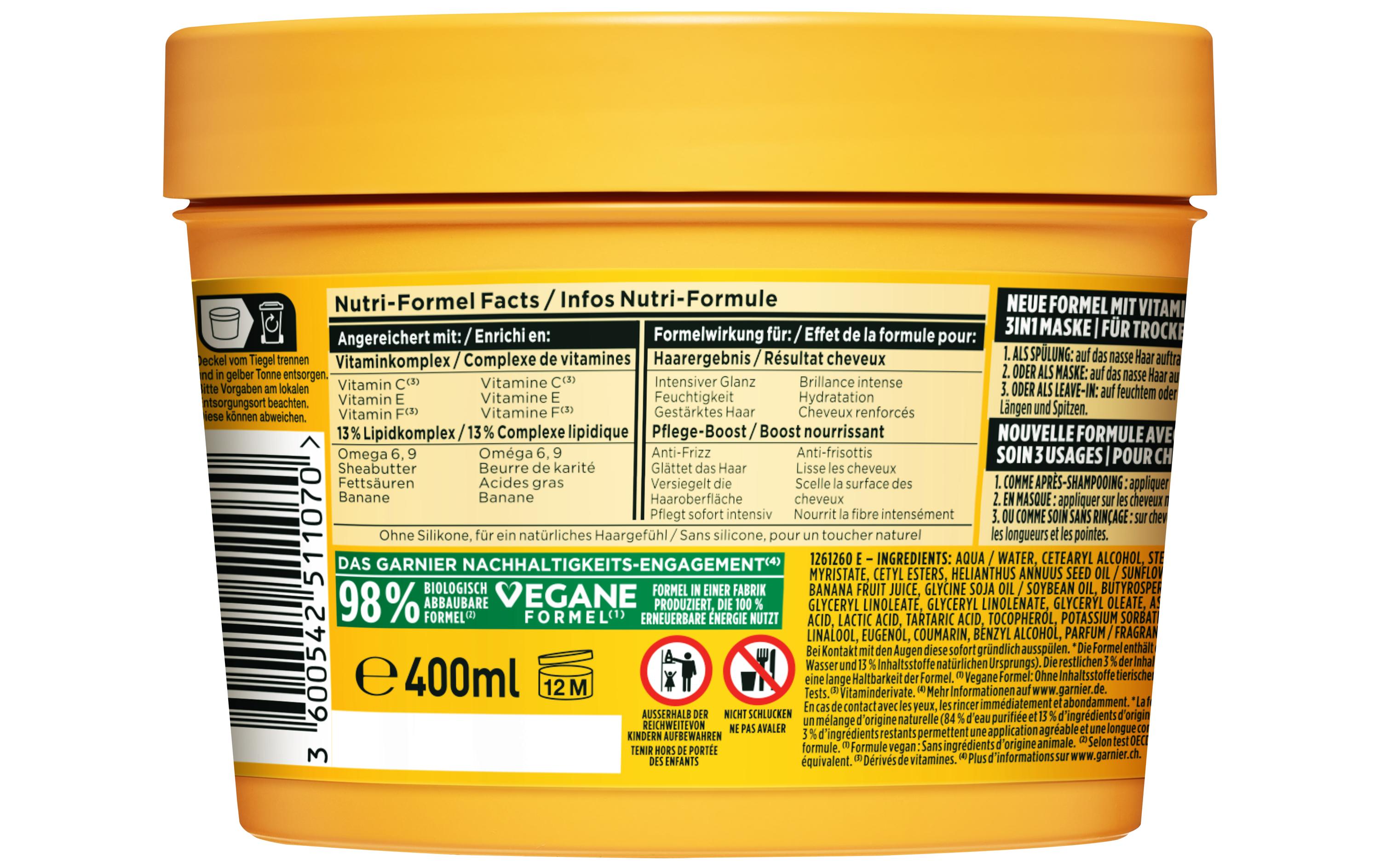 Fructis Hair Food 3in1 Maske Banana 400 mlMaske pflegt trockenes Haar intensiv und verleiht Geschmeidigkeit