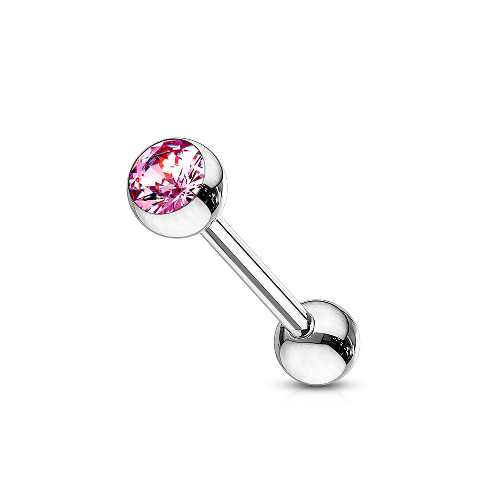 (16mm) Barbell 316L Chirurgenstahl Zungenpiercing mit Gewindeverschluss Strass Stein - Silber / Rosa