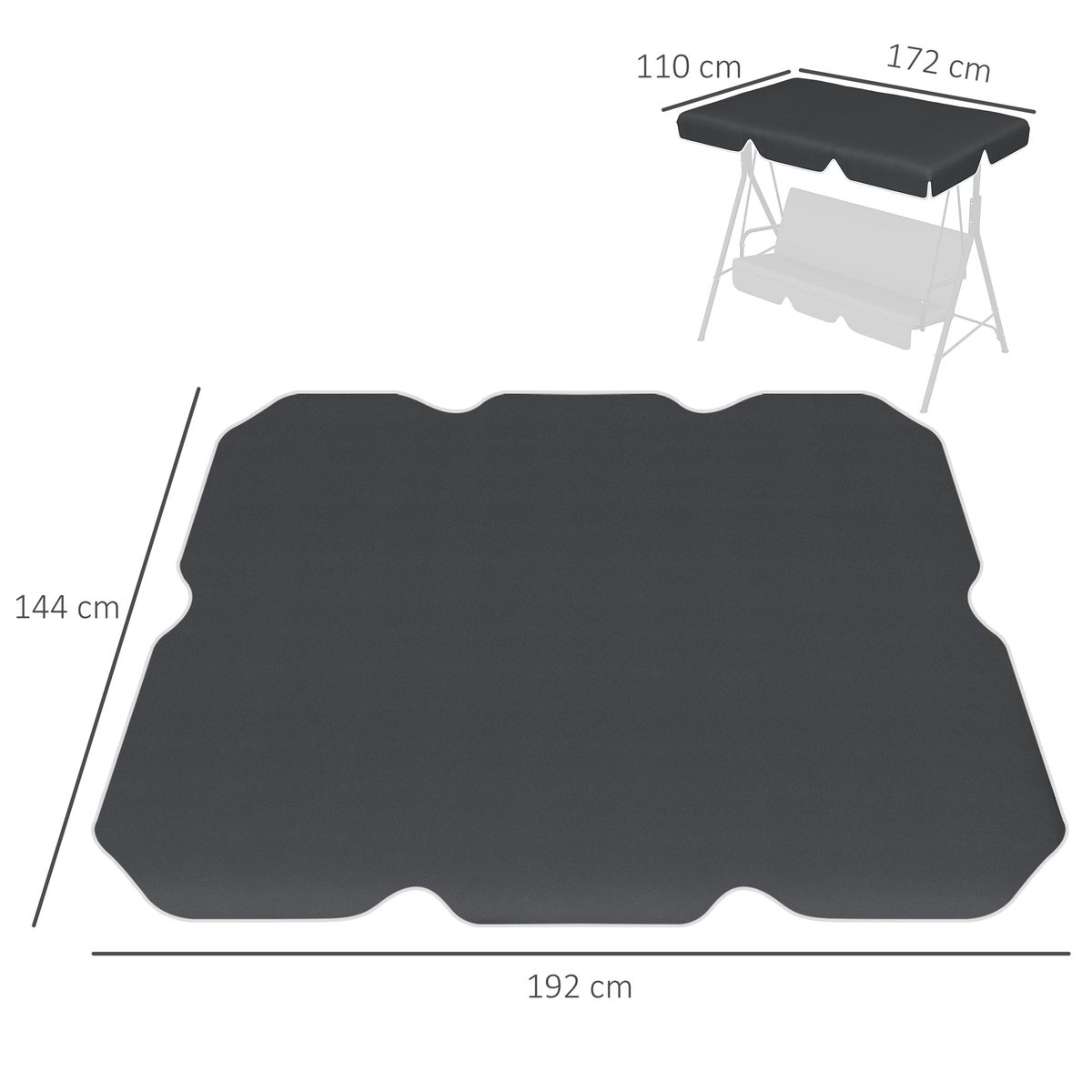 Outsunny vervangende kap voor Hollywood schommel, zonnekap voor 2/3-zits schommel, met UV-bescherming, 192L x 144B cm, polyester stof, zwart