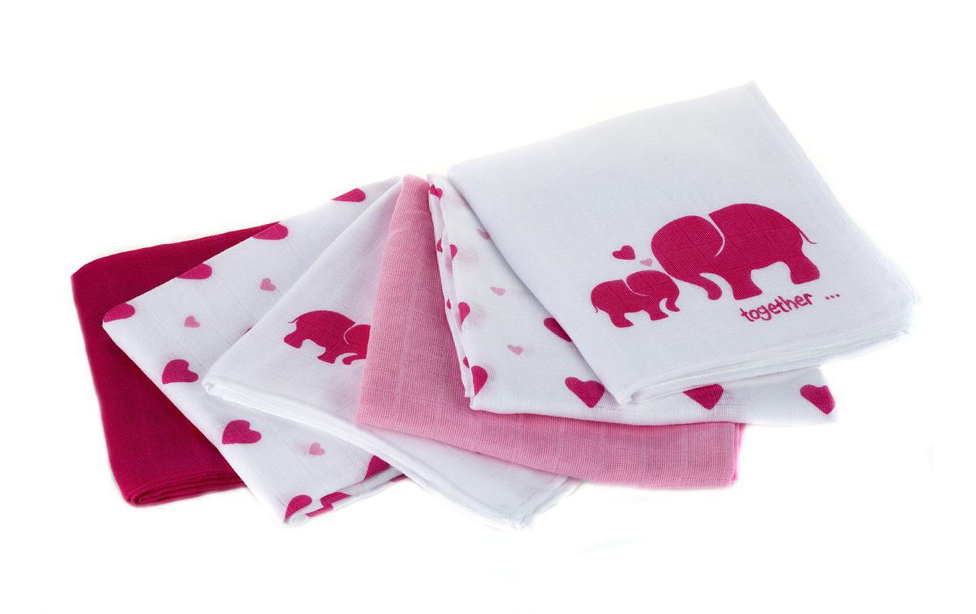 Mulltuch 6-er Set 80 x 80 cm Pink und Weiss Elefant, HerzMulltücher 80 x 80 cm Pink / Weiss Elefant, Herz