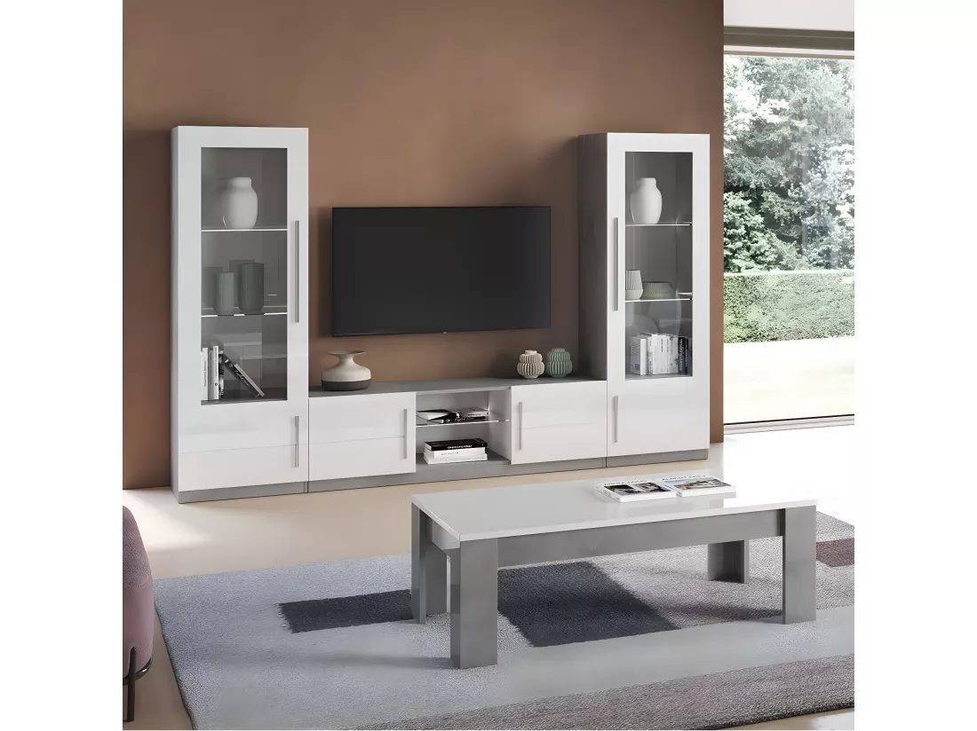 CLARK - Vitrine Gauche Laquée Blanc et Marbre Poignées Métal avec Leds