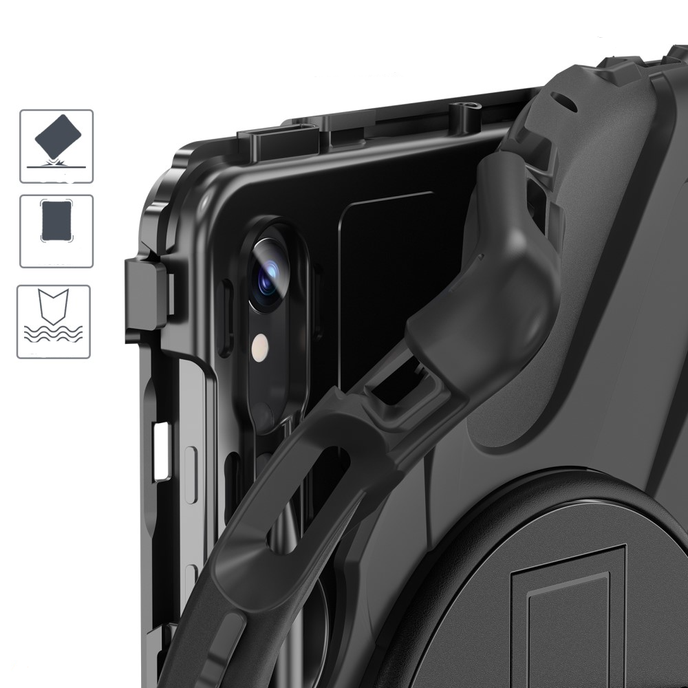 Samsung Galaxy Tab S10 Lite / S10 FE / Tab S9 FE / S9 Hybrid Outdoor Silikon Case Hülle mit Aufsteller und Handschlaufe - Schwarz