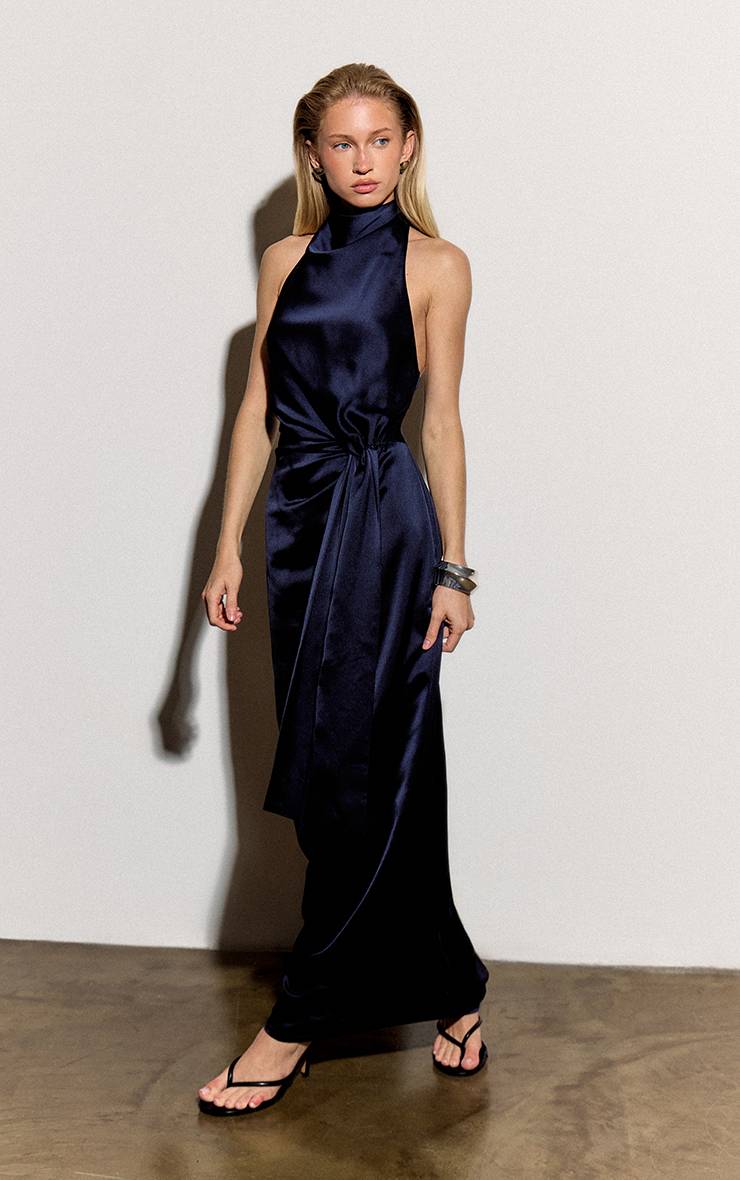 Bleu Marine Robe Longue En Satin Avec Détail Nœud Drapé