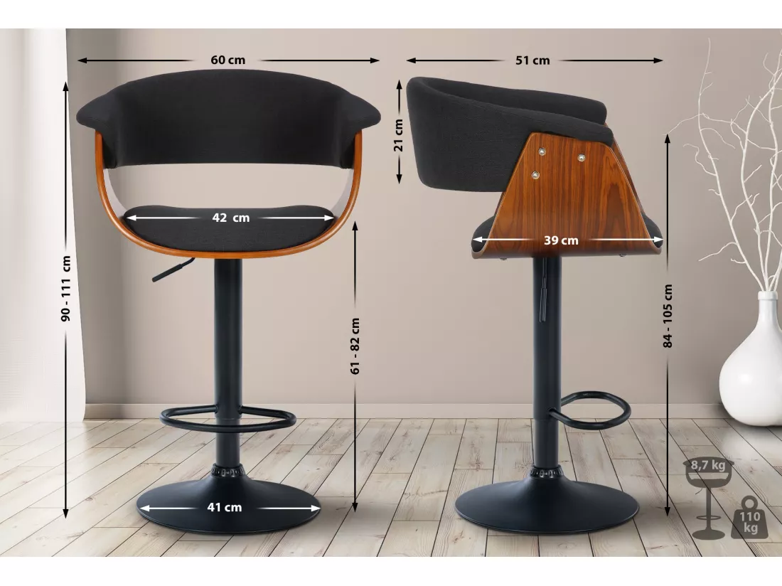 Lot de 2 Tabouret de bar - Tissu - Noyer / Noir - Vestal