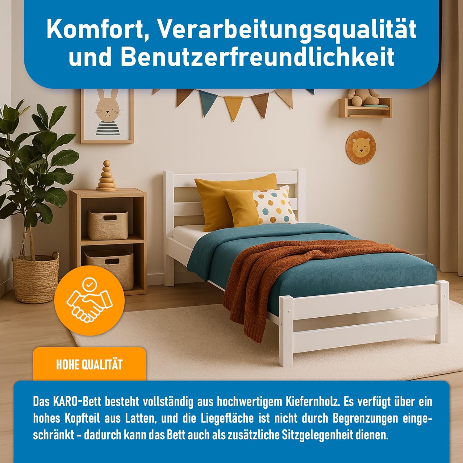 Kinderbett 80x160 cm in Weiß - Jugendbett - Kinder Bett Montessori - Einzelbett aus Kiefer Massivholz – Lattenrost – Tagesbett ohne Matratze