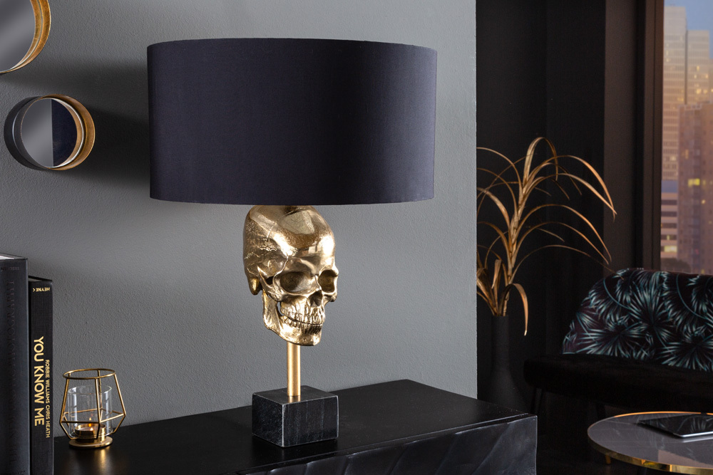 Extravagante Tischlampe SKULL 56cm schwarz gold Metall Totenkopf Skulptur Leuchte