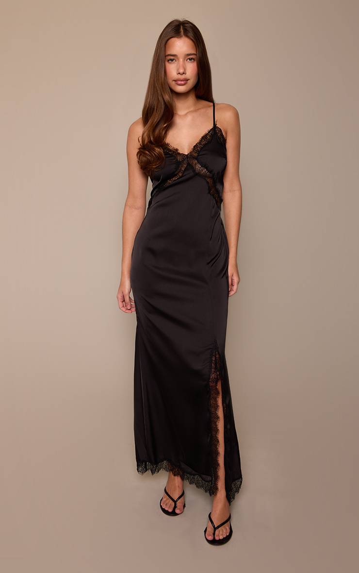 Noir Robe Nuisette Longue En Satin À Bordure Dentelle