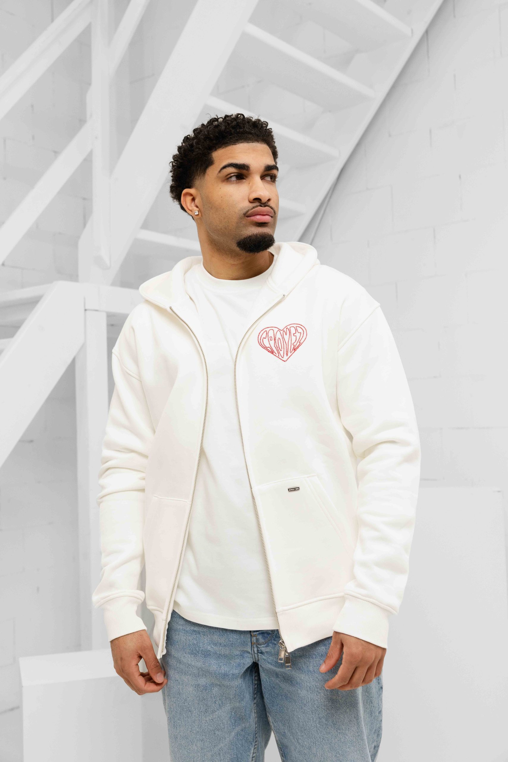 Croyez Stitched Heart Zip Hoodie Heren Gebroken Wit
