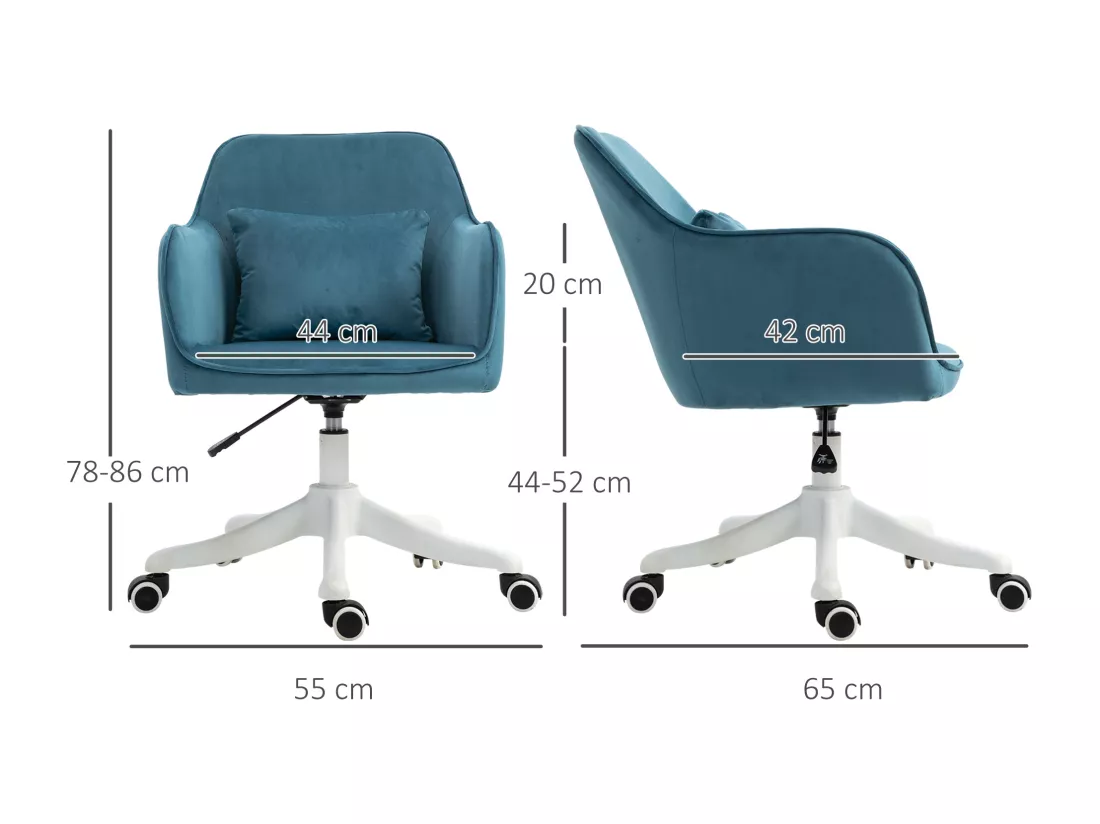 Chaise de bureau velours fauteuil bureau massant coussin lombaire intégré hauteur réglable pivotante 360° bleu