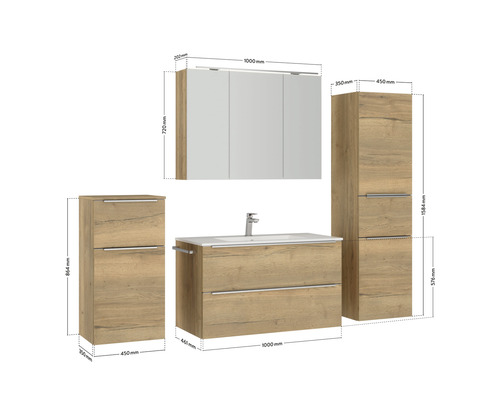 Badkamermeubelset NOBILIA Programma 1 BxHxD 210 x 169,1 x 48,7 cm, frontkleur eiken naturel, met wastafelmeubel en 3-deurs spiegelkast met LED-verlichting, onderkast, halfhoge kast, greeplijst mat chroom, 118