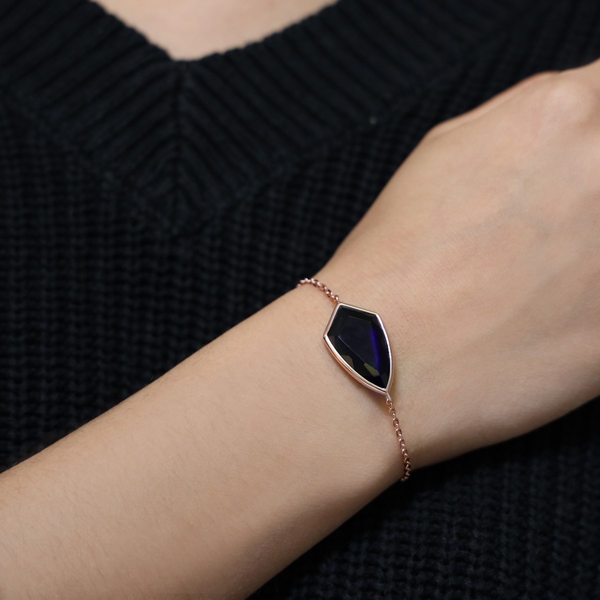 Bracelet Argent Blason Rose Pierre Marine