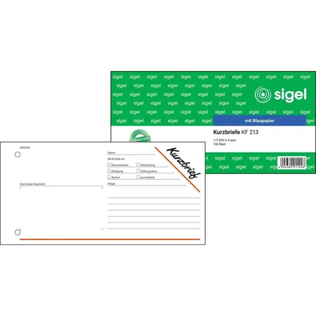 Sigel Kurzmitteilung Kurzbrief KF213 1/3 A4 quer, mit Blaupapier, 100 Blatt