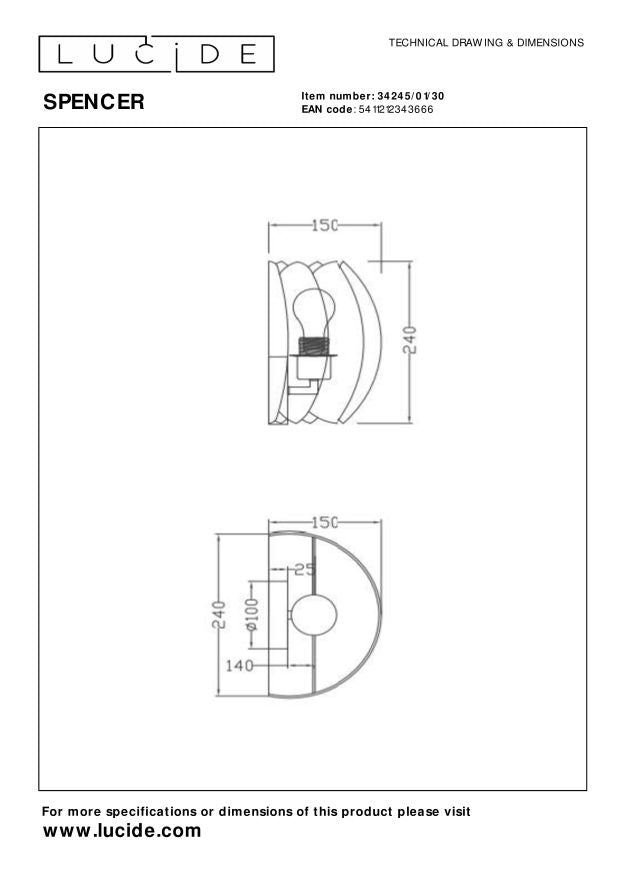 Lucide SPENCER Wandlamp - Zwart