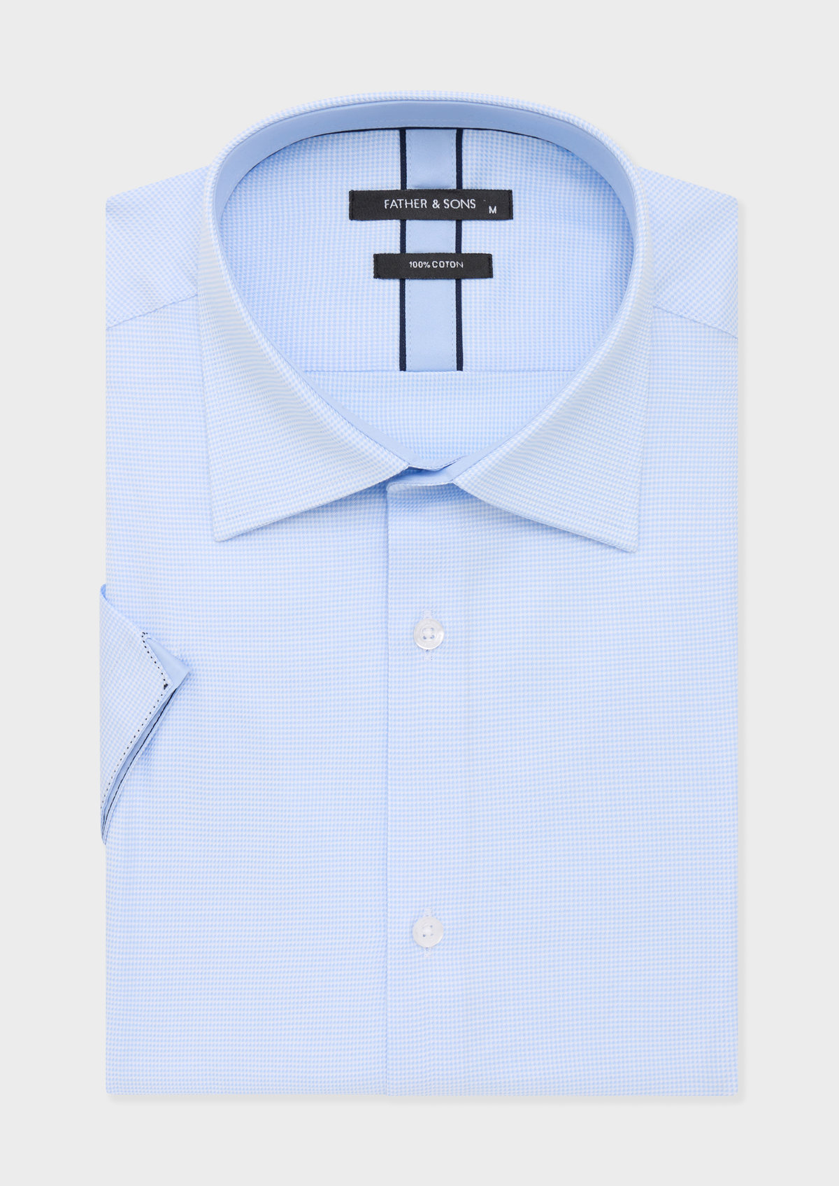 Chemise manches courtes Slim en popeline de coton blanc à motif pied-de-poule bleu ciel