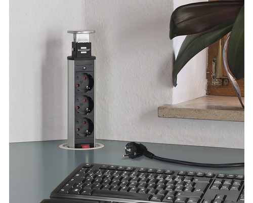 Brennenstuhl uitschuifbare 3-voudige stekkerdoos met USB-torenlader 3G1.5 zilver 2 m
