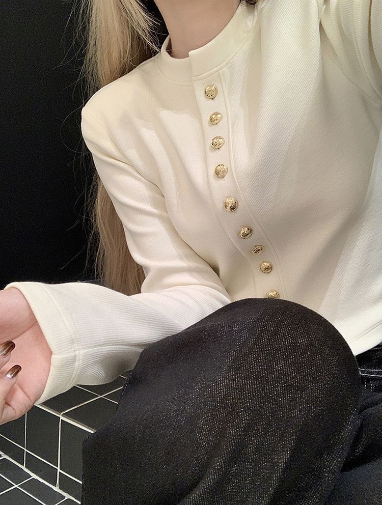 Hevnir - Lange mouwen ronde hals effen crop top met knoopjes