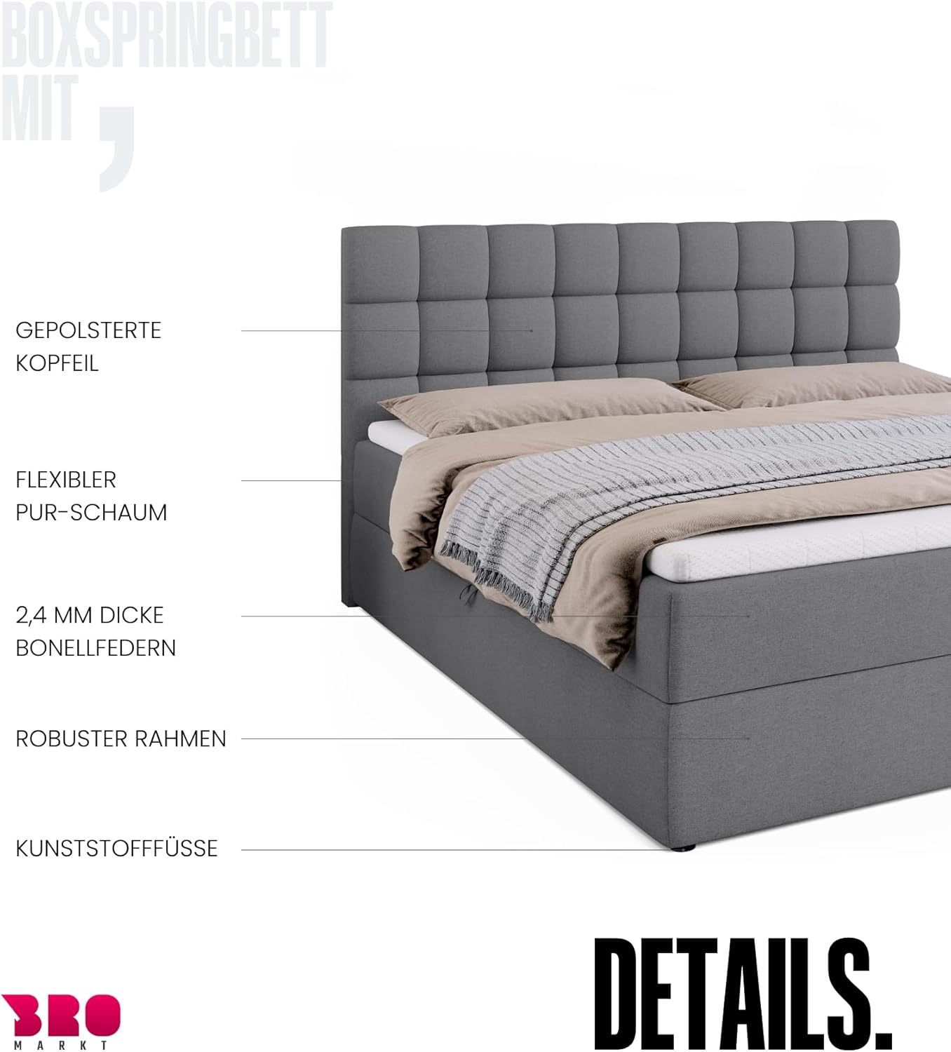 BROMARKT Boxspringbett mit Bettkasten Polsterbett mit Bonell-Matratze und Topper Bett für Schlafzimmer gepolstertes Kopfteil Dakota bonellfedern 180x200 Härtegrad H3 Grau Malmo