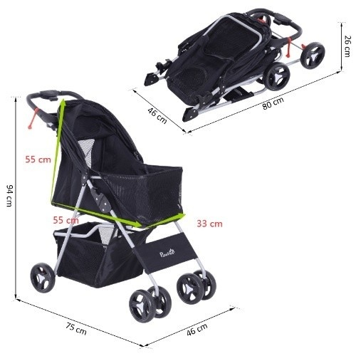 Carrinho de passeio dobrável preto para animais de estimação Pawhut