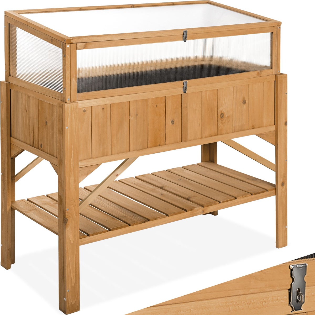 tectake houten verhoogde tuinbak met plank en kweekbakbevestiging, 119 x 53 x 124 cm